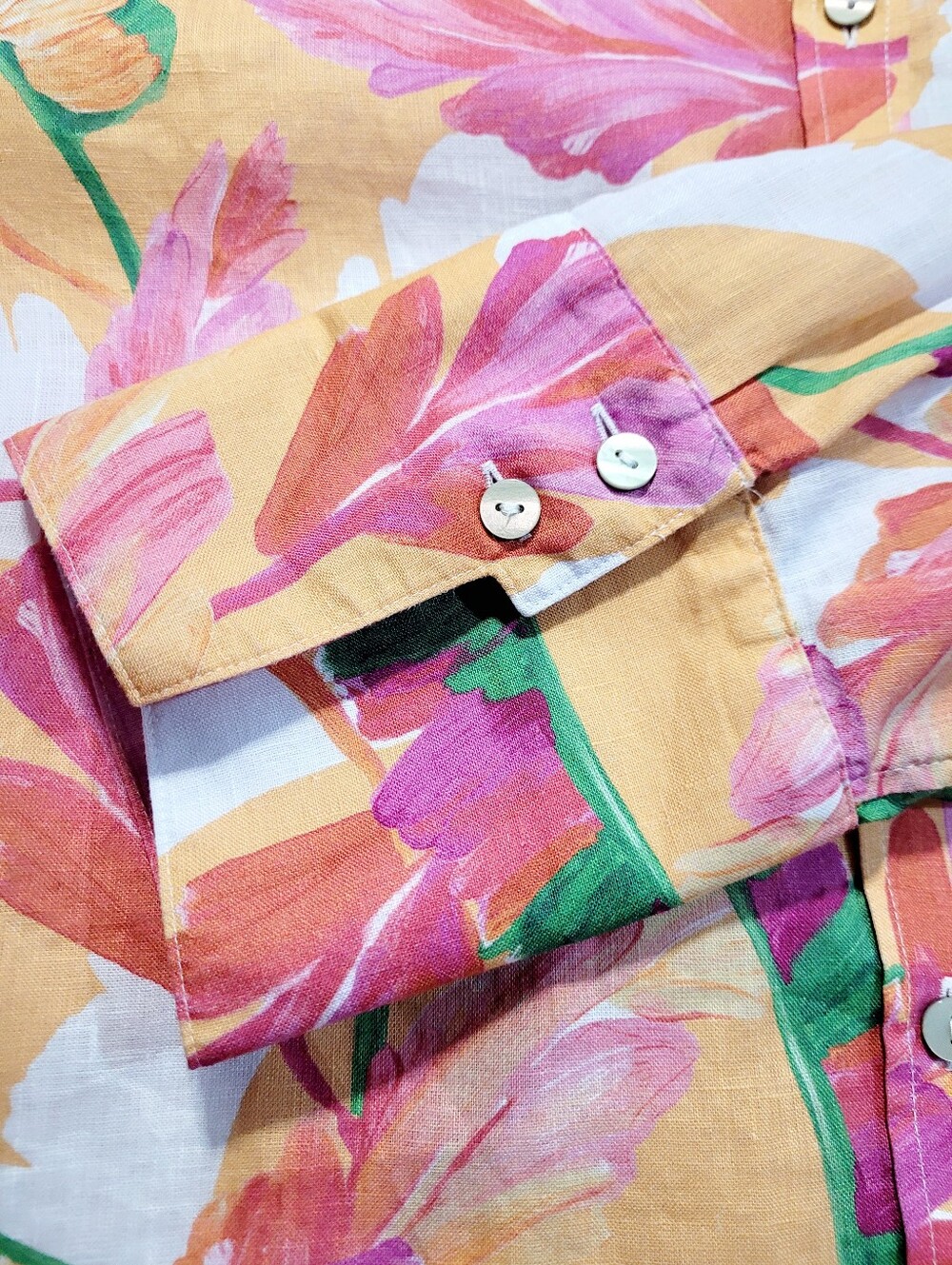 Chico’s 100% Linen Floral Button Front Blouse Women’s Size US 10 Pink Classic - Picture 8 of 11